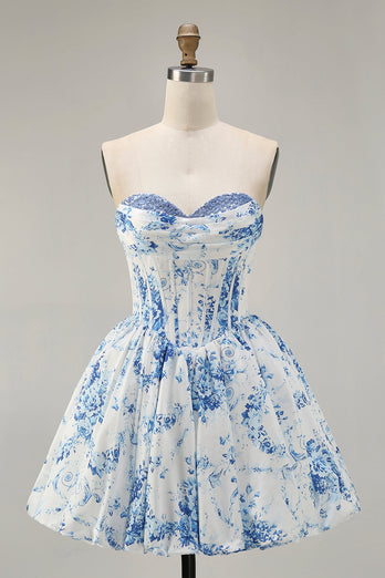 Floral White Blue Sweetheart Short Corset Homecoming Dress