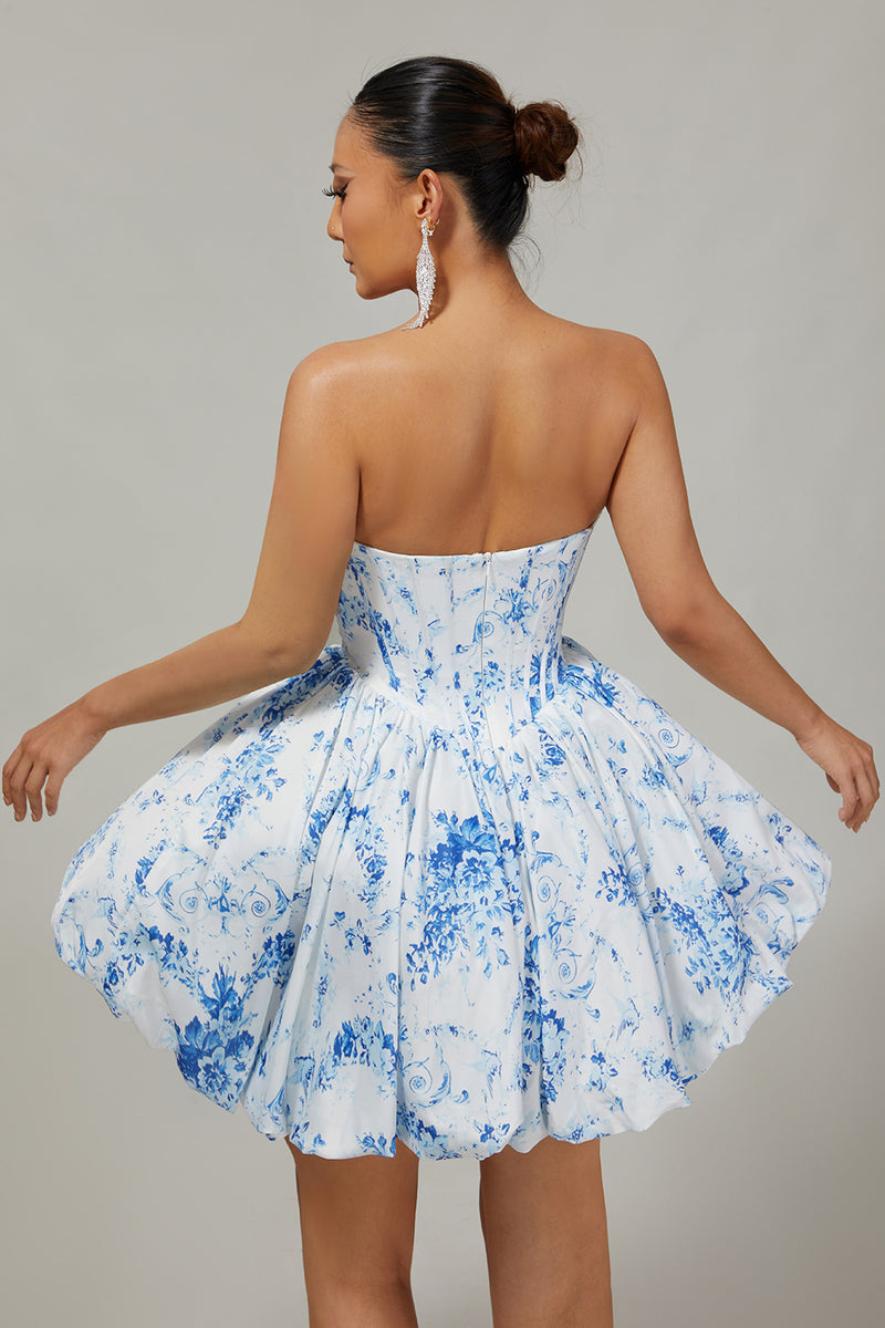 Load image into Gallery viewer, Floral White Blue Sweetheart Short Corset Homecoming Dress