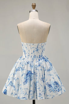 Floral White Blue Sweetheart Short Corset Homecoming Dress
