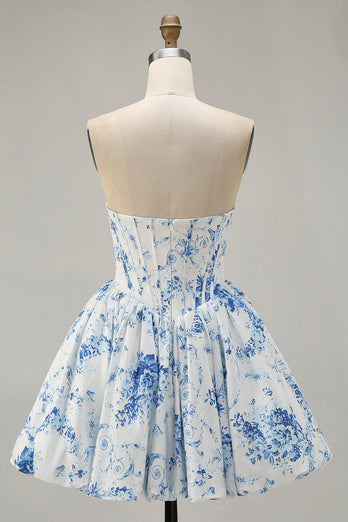 Floral White Blue Sweetheart Short Corset Homecoming Dress