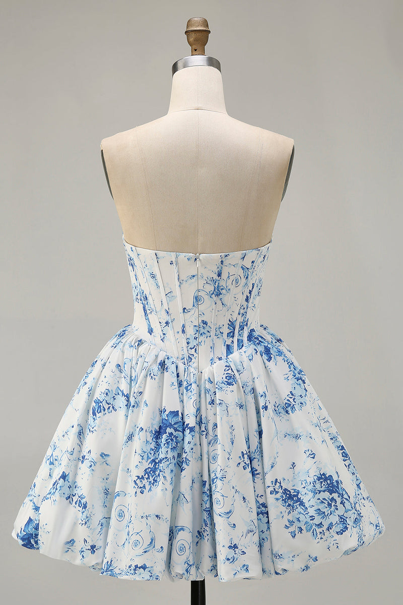 Load image into Gallery viewer, Floral White Blue Sweetheart Short Corset Homecoming Dress