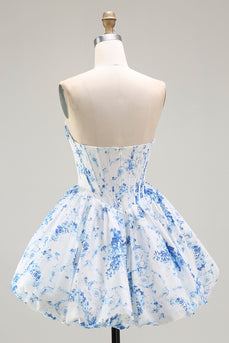 Floral White Blue Sweetheart Short Corset Homecoming Dress