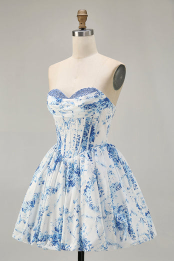 Floral White Blue Sweetheart Short Corset Homecoming Dress