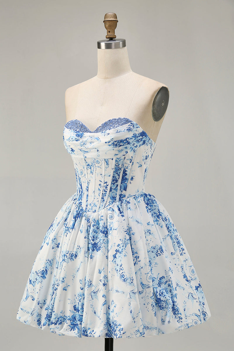 Load image into Gallery viewer, Floral White Blue Sweetheart Short Corset Homecoming Dress