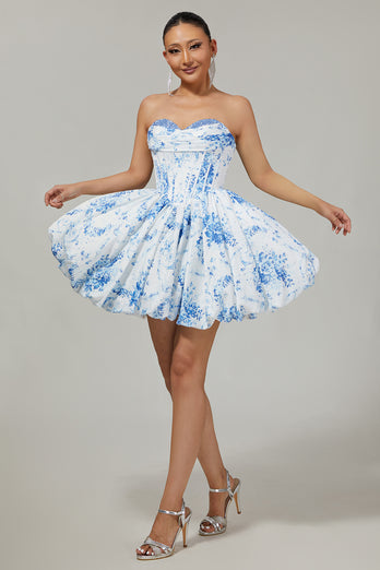Floral White Blue Sweetheart Short Corset Homecoming Dress