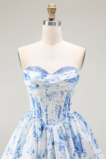 Floral Pink A Line Sweetheart Short Corset Homecoming Dress