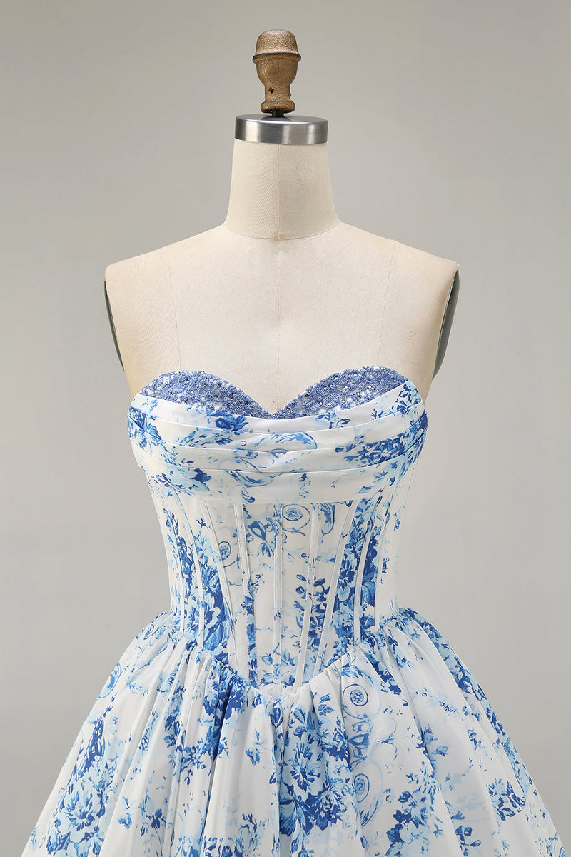 Load image into Gallery viewer, Floral White Blue Sweetheart Short Corset Homecoming Dress
