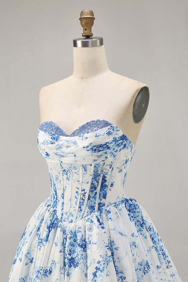 Load image into Gallery viewer, Floral White Blue Sweetheart Short Corset Homecoming Dress