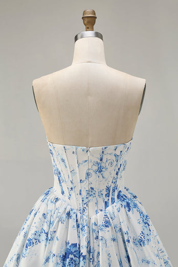 Floral White Blue Sweetheart Short Corset Homecoming Dress