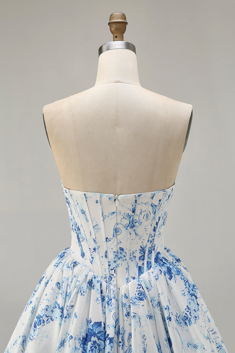 Load image into Gallery viewer, Floral White Blue Sweetheart Short Corset Homecoming Dress
