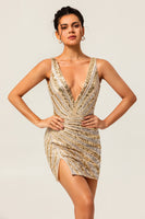 Load image into Gallery viewer, Sparkly Golden Tight Beaded V-Neck Short Homecoming Dress with Slit
