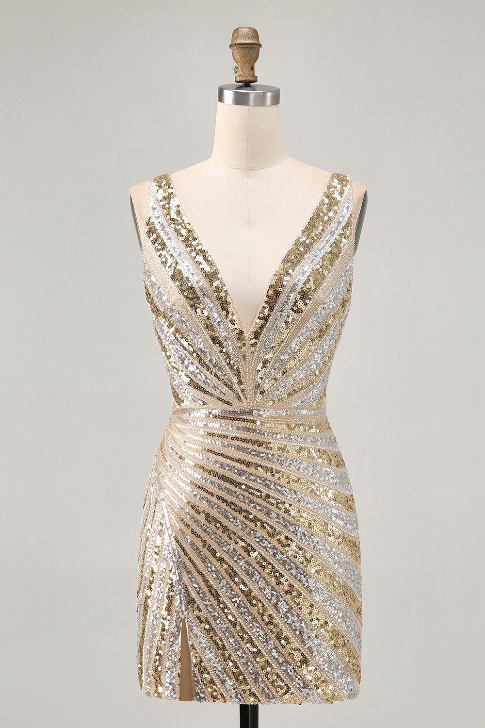 Sparkly Golden Beaded V-Neck Short Tight Homecoming Dress