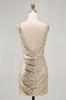 Sparkly Golden Beaded V-Neck Short Tight Homecoming Dress