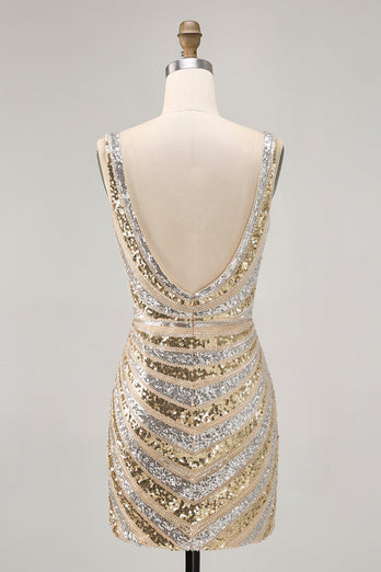 Sparkly Golden Beaded V-Neck Short Tight Homecoming Dress