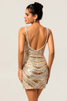 Load image into Gallery viewer, Sparkly Golden Tight Beaded V-Neck Short Homecoming Dress with Slit