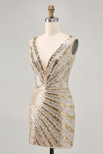 Sparkly Golden Beaded V-Neck Short Tight Homecoming Dress