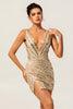 Load image into Gallery viewer, Sparkly Golden Tight Beaded V-Neck Short Homecoming Dress with Slit