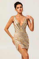 Load image into Gallery viewer, Sparkly Golden Tight Beaded V-Neck Short Homecoming Dress with Slit