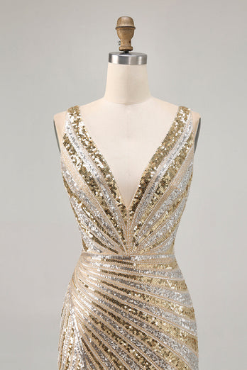 Sparkly Golden Beaded V-Neck Short Tight Homecoming Dress