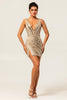 Load image into Gallery viewer, Sparkly Golden Tight Beaded V-Neck Short Homecoming Dress with Slit