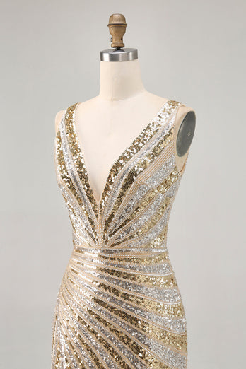 Sparkly Golden Beaded V-Neck Short Tight Homecoming Dress