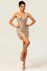 Load image into Gallery viewer, Sparkly Golden Tight Beaded V-Neck Short Homecoming Dress with Slit