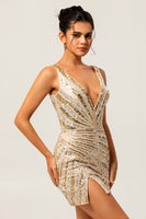 Load image into Gallery viewer, Sparkly Golden Tight Beaded V-Neck Short Homecoming Dress with Slit