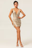 Load image into Gallery viewer, Sparkly Golden Tight Beaded V-Neck Short Homecoming Dress with Slit
