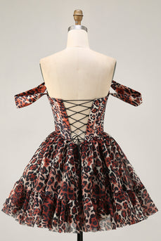 Khaki Cheetah Print Off the Shoulder Short Corset Homecoming Dress