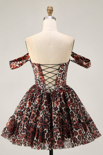 Khaki Cheetah Print Off the Shoulder Short Corset Homecoming Dress