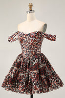 Load image into Gallery viewer, Khaki Cheetah Print Off the Shoulder Short Corset Homecoming Dress