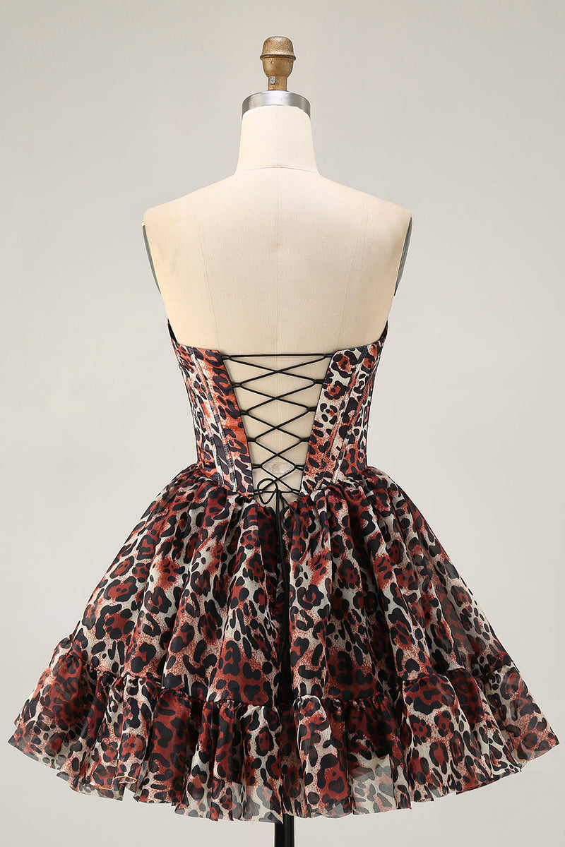 Load image into Gallery viewer, Khaki Cheetah Print Off the Shoulder Short Corset Homecoming Dress