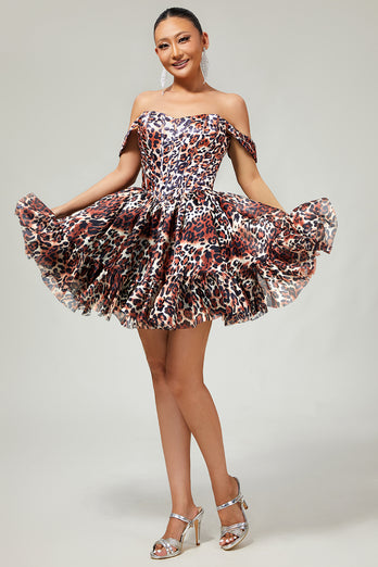 Khaki Cheetah Print Off the Shoulder Short Corset Homecoming Dress