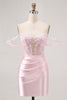 Load image into Gallery viewer, Sparkly Pink Satin Tight Beaded Short Corset Homecoming Dress with Lace