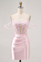 Load image into Gallery viewer, Sparkly Pink Satin Tight Beaded Short Corset Homecoming Dress with Lace