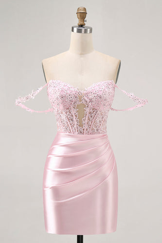 Sparkly Pink Satin Tight Beaded Short Corset Homecoming Dress with Lace