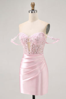 Sparkly Pink Satin Tight Beaded Short Corset Homecoming Dress with Lace