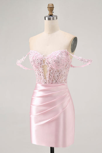 Sparkly Pink Satin Tight Beaded Short Corset Homecoming Dress with Lace
