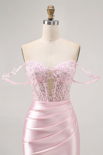 Sparkly Pink Satin Tight Beaded Short Corset Homecoming Dress with Lace