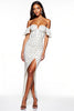 Load image into Gallery viewer, White and Black Off the Shoulder Sheath Long Polka Dot Dress with Slit