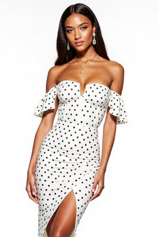 White and Black Off the Shoulder Sheath Long Polka Dot Dress with Slit