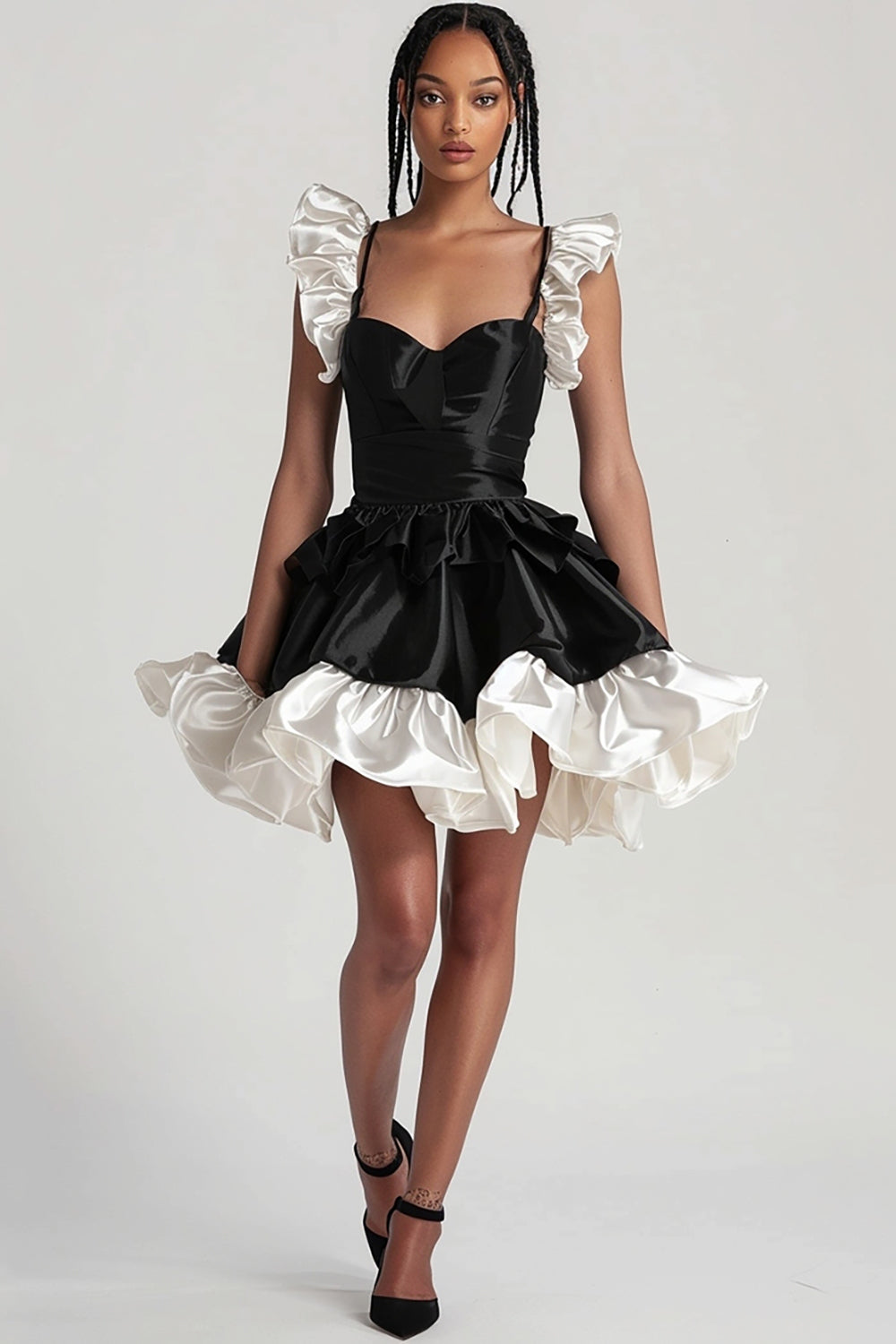 Black A Line Short Satin Tiered Cocktail Dress with Ruffles