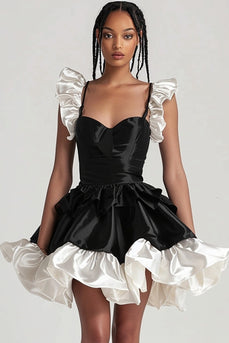 Black A Line Short Satin Tiered Cocktail Dress with Ruffles