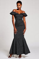 Load image into Gallery viewer, Black and White Off the Shoulder Mermaid Maxi Polka Dot Dress