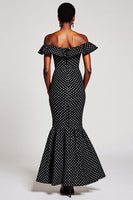 Load image into Gallery viewer, Black and White Off the Shoulder Mermaid Maxi Polka Dot Dress