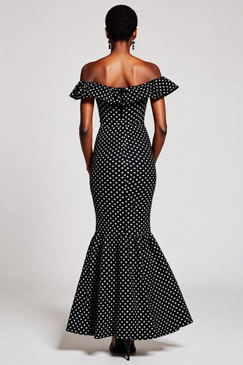 Black and White Off the Shoulder Mermaid Maxi Polka Dot Dress