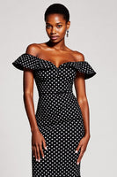 Load image into Gallery viewer, Black and White Off the Shoulder Mermaid Maxi Polka Dot Dress
