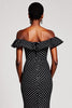 Load image into Gallery viewer, Black and White Off the Shoulder Mermaid Maxi Polka Dot Dress