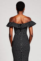 Load image into Gallery viewer, Black and White Off the Shoulder Mermaid Maxi Polka Dot Dress