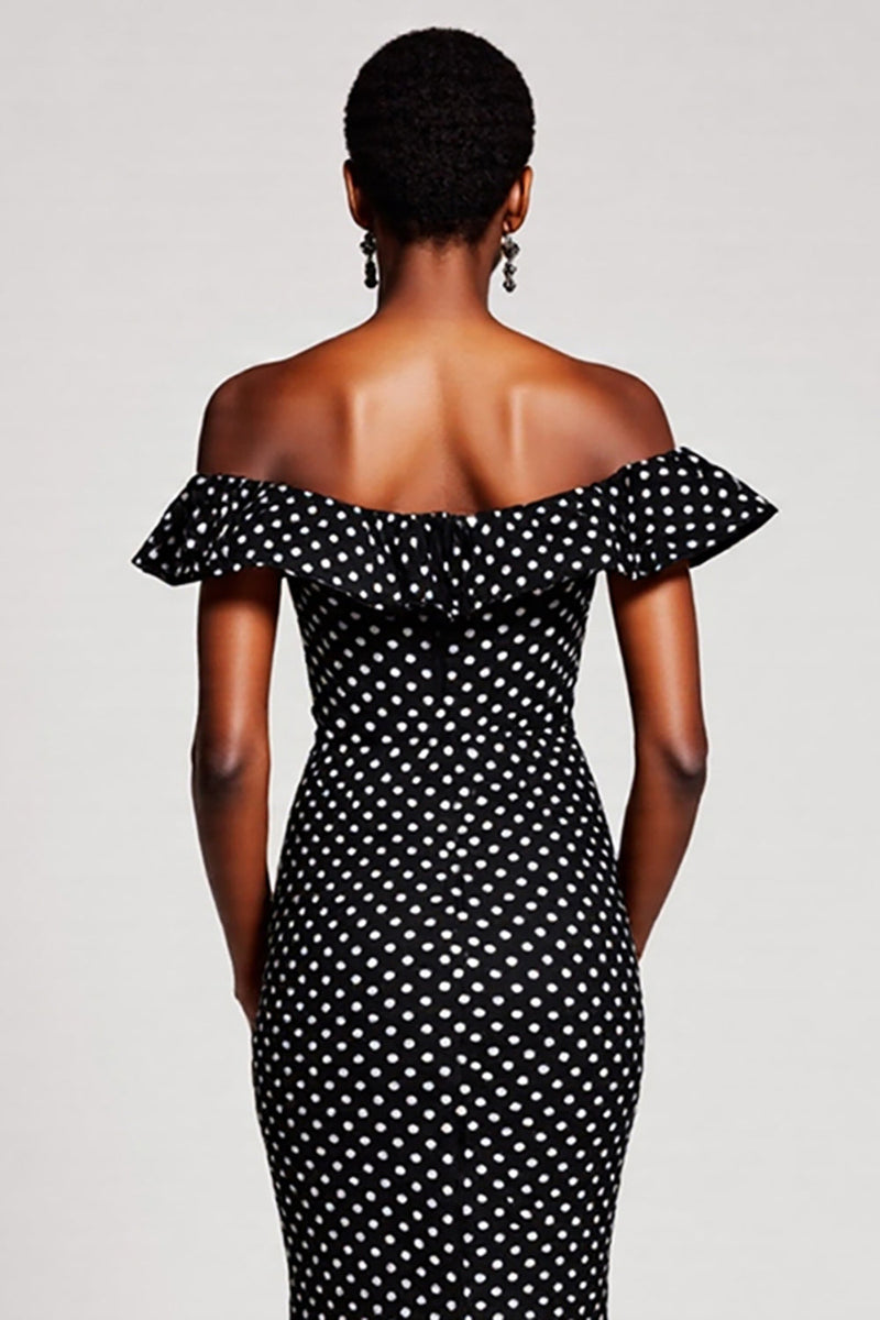 Load image into Gallery viewer, Black and White Off the Shoulder Mermaid Maxi Polka Dot Dress